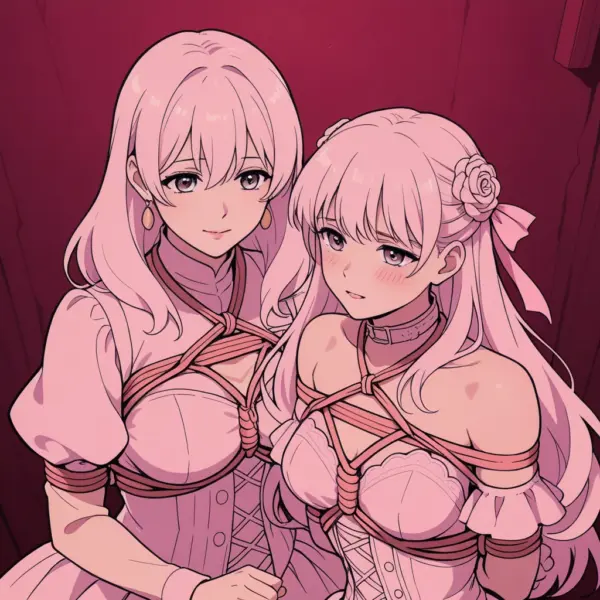 lustração de anime no estilo manga mostrando duas personagens femininas de cabelo rosa com vestidos rosas e amarrações estilo shibari, representando estética de dominação e submissão