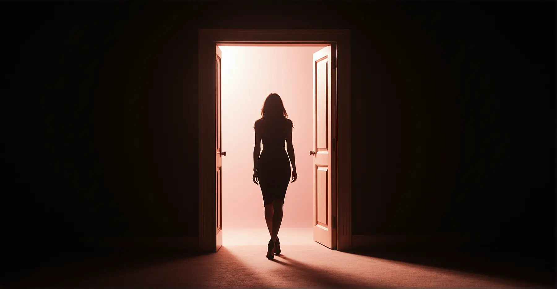 Silhueta feminina elegante em porta aberta com luz rosa suave, simbolizando início de jornada de transformação pessoal