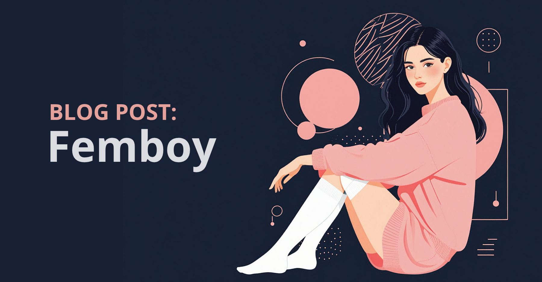 Ilustração de estilo femboy: pessoa com suéter rosa oversized, meias altas brancas, cabelo longo escuro, sentada em pose elegante. Fundo azul escuro com elementos geométricos em rosa. Arte vetorial minimalista.