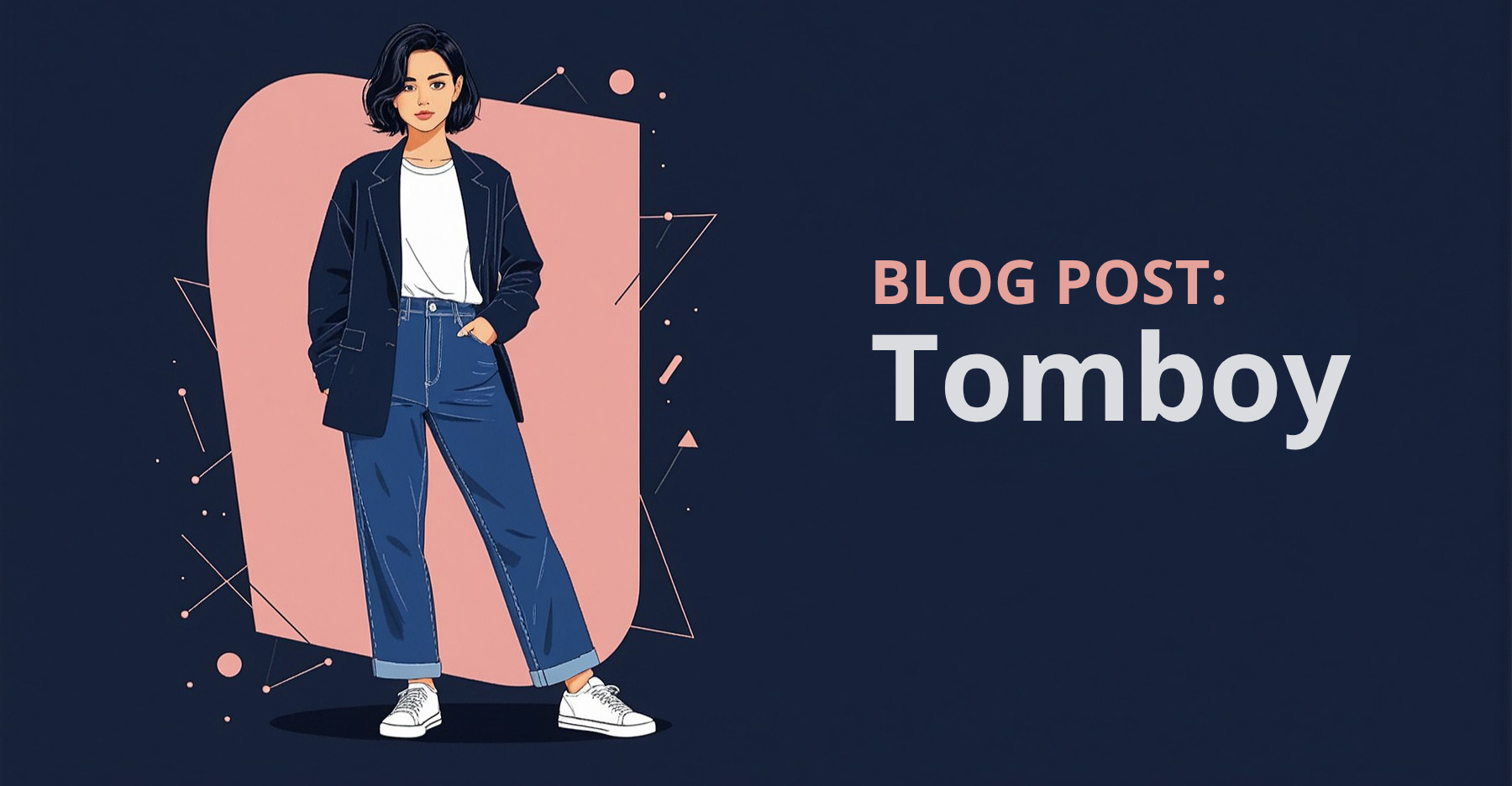 Ilustração de estilo tomboy: mulher com cabelo curto, blazer escuro, calça jeans azul e tênis brancos, em pose confiante. Fundo azul escuro com formas geométricas em rosa. Arte vetorial minimalista.