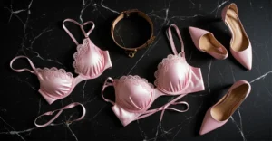 Conjunto elegante de lingerie rosa em seda, colar de couro com argola dourada e saltos dispostos em mármore preto, representando o convite misterioso da primeira parte da história
