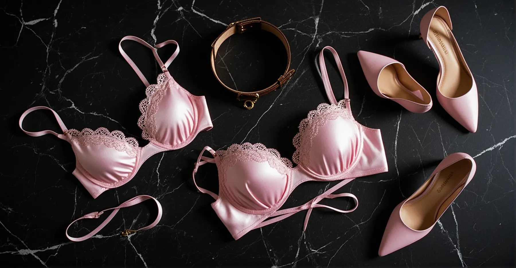 Conjunto elegante de lingerie rosa em seda, colar de couro com argola dourada e saltos dispostos em mármore preto, representando o convite misterioso da primeira parte da história