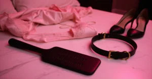 Palmatória de couro preto em mármore preto com colar, lingerie rosa e saltos, representando a punição e disciplina imposta na terceira parte da história