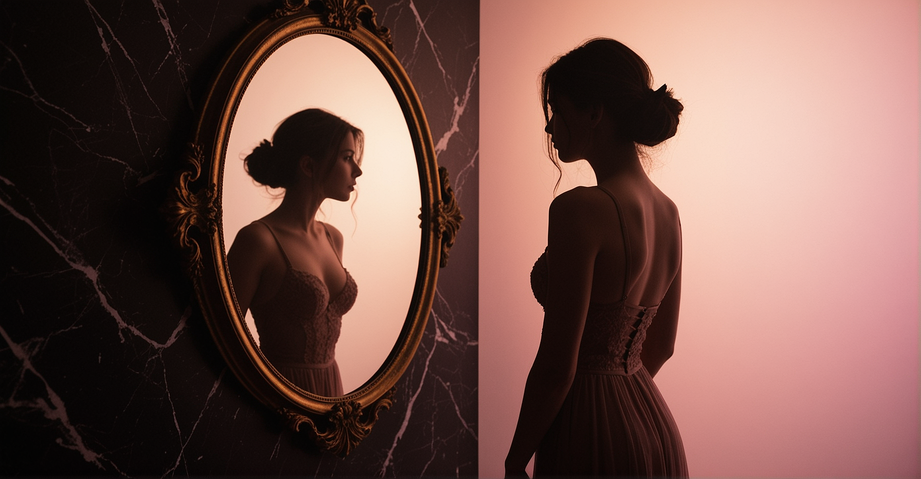 Silhueta feminina elegante se admirando em espelho ornamentado com parede de mármore preto e iluminação rosa, representando o momento de transformação e autodescoberta