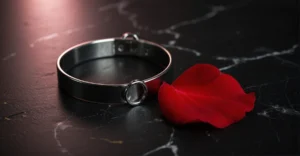Colar de metal prateado permanente com argola, pétala de rosa vermelha em mármore preto, iluminação rosa e dourada, simbolizando a conclusão da transformação e o novo começo