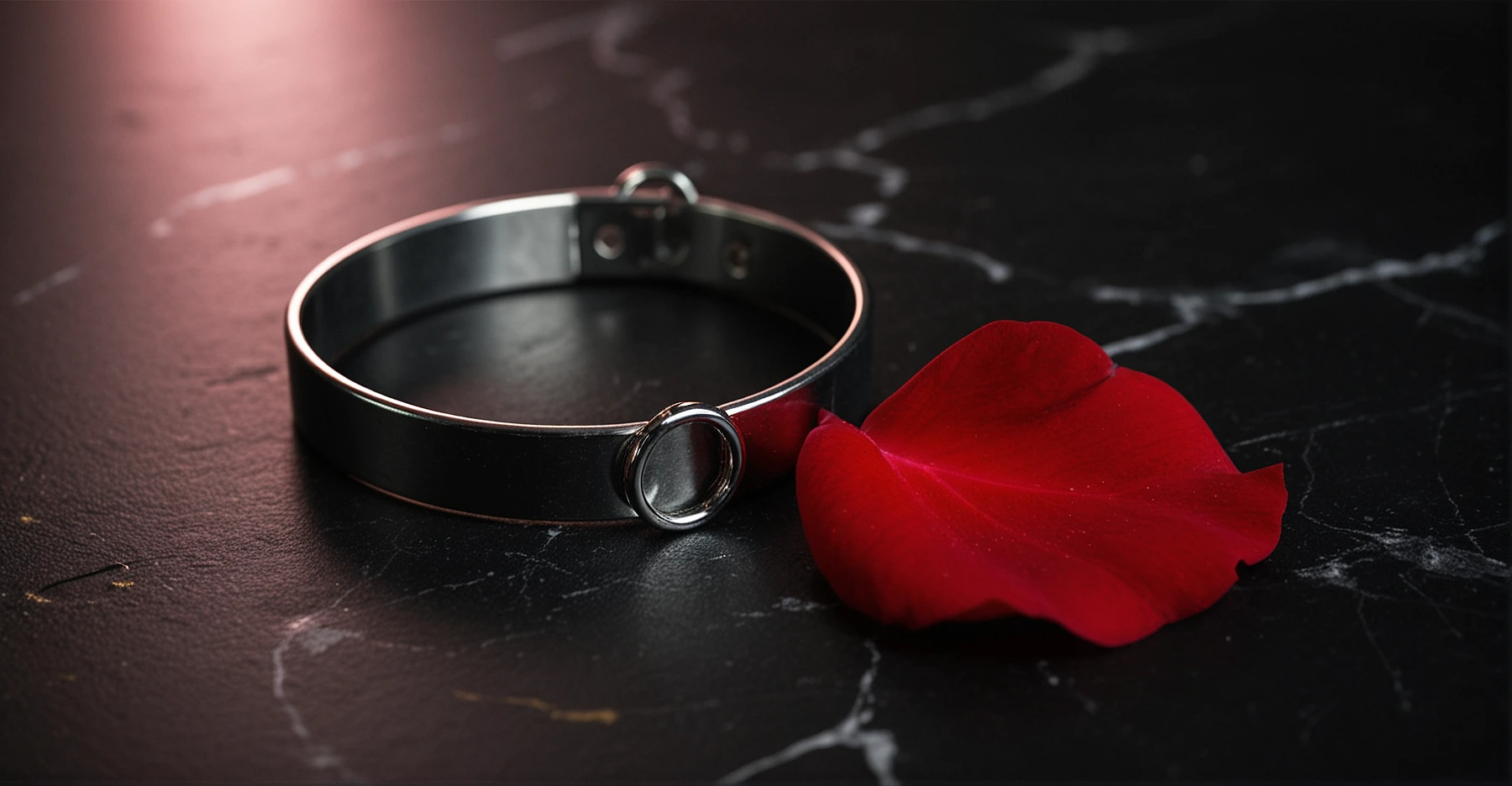 Colar de metal prateado permanente com argola, pétala de rosa vermelha em mármore preto, iluminação rosa e dourada, simbolizando a conclusão da transformação e o novo começo