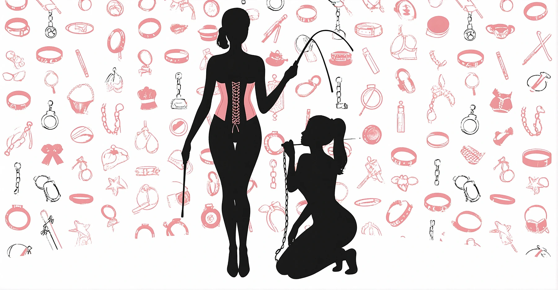 Ilustração com fundo branco e padrão de ícones BDSM em rosa e preto, silhueta de Mestra de corset com chicote e Submissa ajoelhada no centro