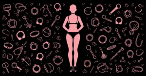 Ilustração em estilo ícone com padrão de símbolos BDSM em rosa no fundo preto, silhueta feminina de costas no centro, representando glossário educacional