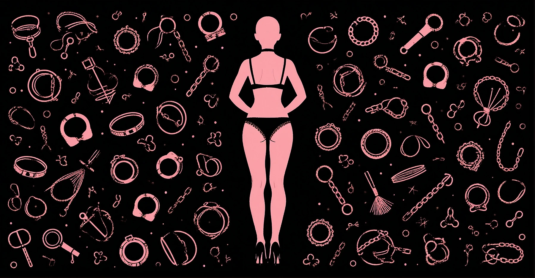 Ilustração em estilo ícone com padrão de símbolos BDSM em rosa no fundo preto, silhueta feminina de costas no centro, representando glossário educacional