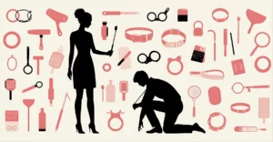 Ilustração com fundo branco e padrão de ícones BDSM em rosa e preto, silhueta de figura dominante com palmatória e submissa em posição de punição no centro