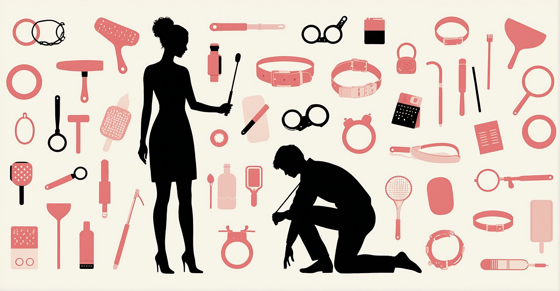 Ilustração com fundo branco e padrão de ícones BDSM em rosa e preto, silhueta de figura dominante com palmatória e submissa em posição de punição no centro