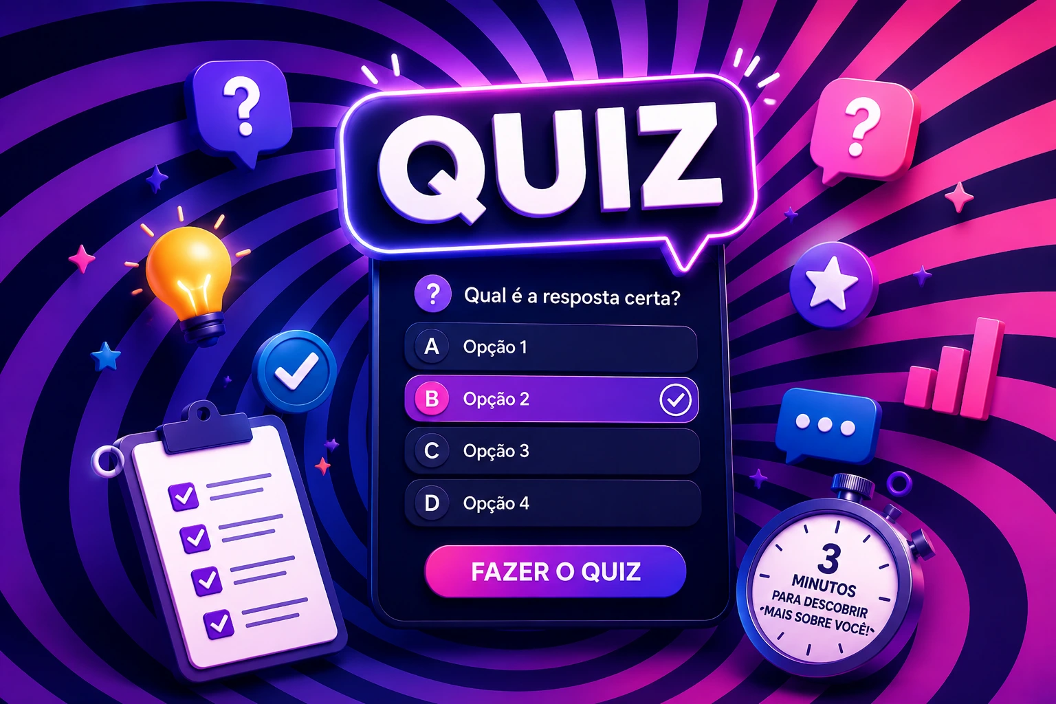 Banner quiz interativo com design neon roxo e rosa - Interface de quiz em smartphone com opcoes A B C D, cronometro de 3 minutos, prancheta de checklist e icone de ideia - Quiz de personalidade para descobrir mais sobre voce