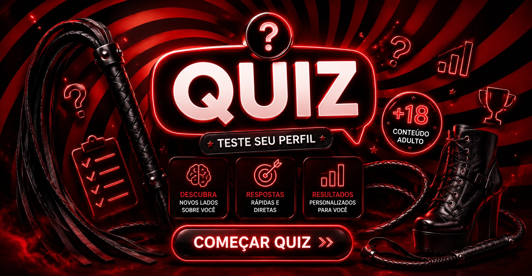 Banner quiz adulto 18+ com design neon rosa e roxo - Quiz Que Pornô Você Deveria Ver Hoje Com Regras - Interface de quiz com botão play, tiras de filme, ícones de regras e checklist em estilo dark moderno