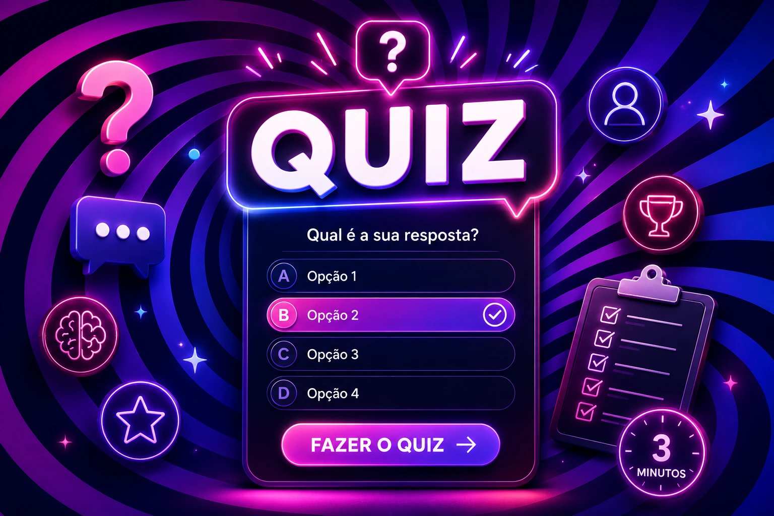 Quiz BDSM interativo com design neon roxo e rosa - Descubra seu papel no BDSM em 3 minutos - Teste de personalidade Dominante Submissa ou Switch