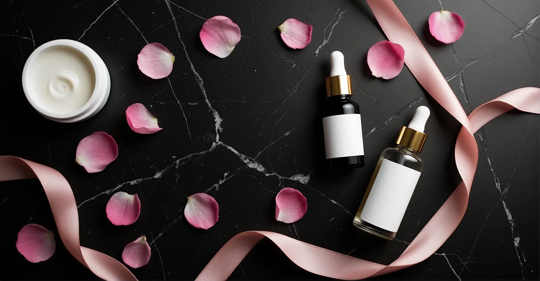 Flat lay elegante de produtos de skincare em mármore preto com toques de rosa e dourado, representando rotina matinal de cuidados pessoais