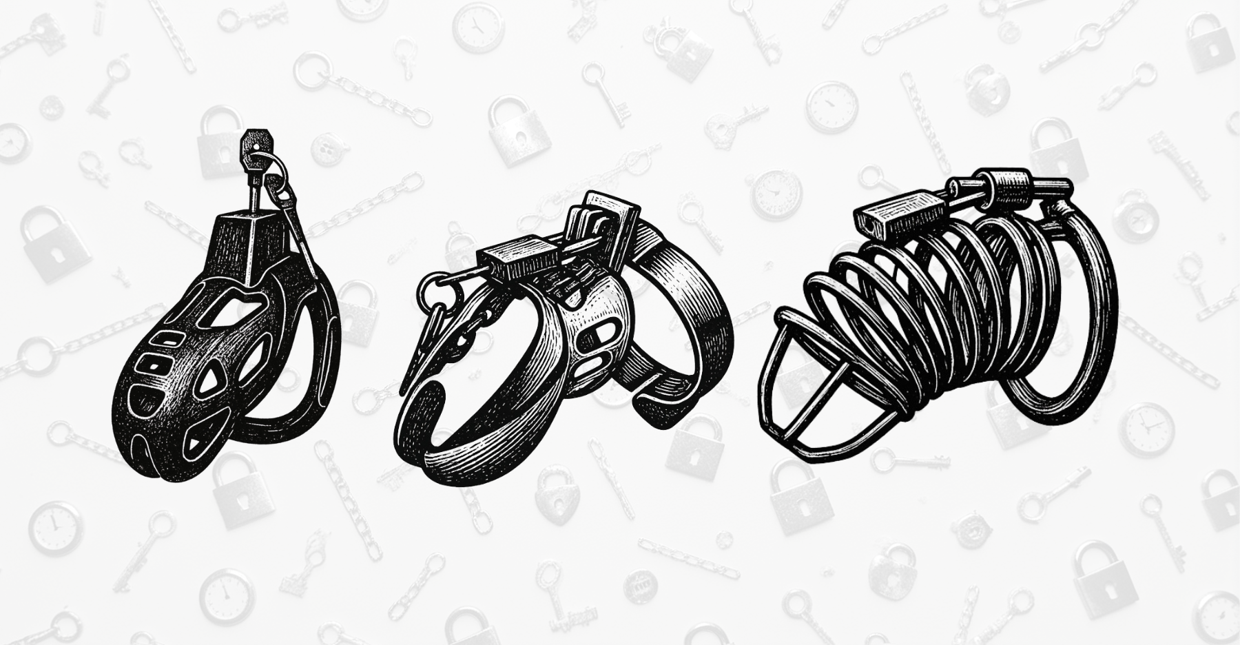 Colagem de diferentes tipos de chastity cages em fundo branco: silicone rosa, plástico preto, metal prateado com cadeado, aço inoxidável