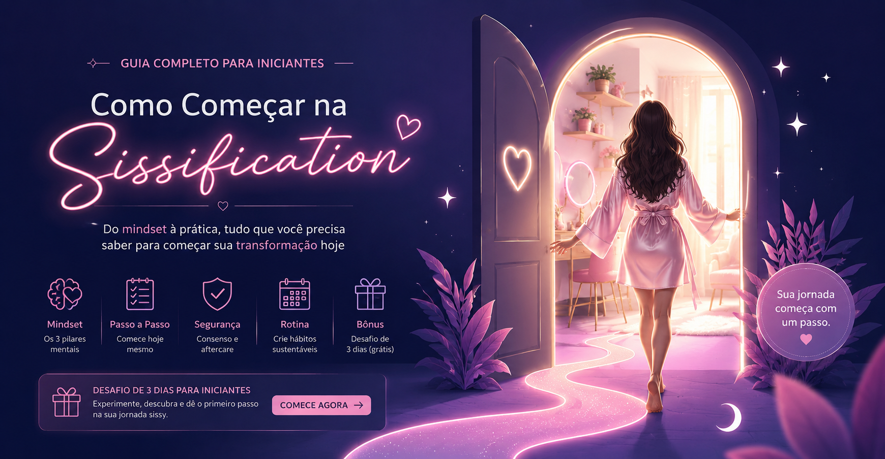 Ilustração de início de jornada de transformação sissy. Figura elegante em portal/caminho aberto, representando primeiros passos na sissification. Fundo azul escuro com elementos geométricos em rosa.