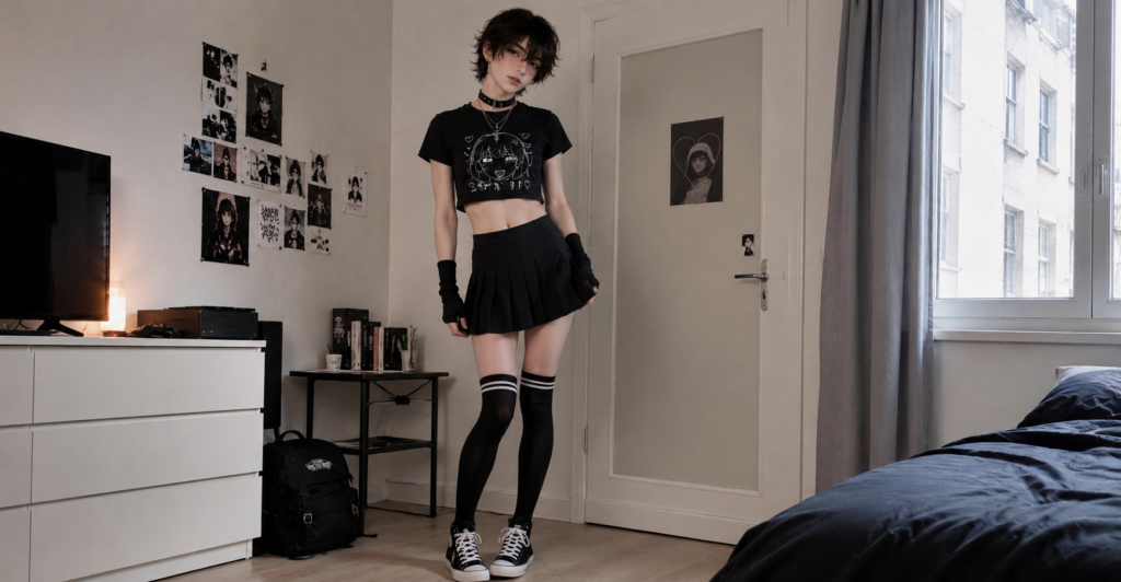 Jovem no estilo femboy em quarto decorado, vestindo crop top preto com estampa anime, saia plissada preta, meias altas listradas e tênis. Cabelo curto escuro, gargantilha preta. Ambiente alternativo com pôsteres de anime na parede.
