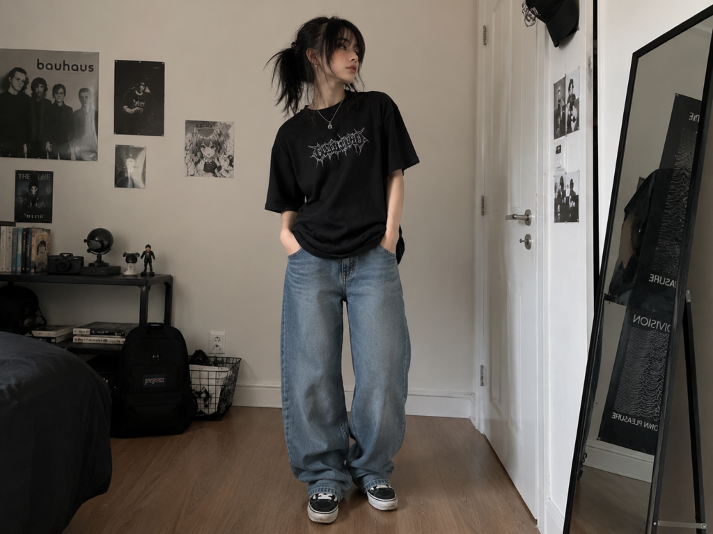 Jovem no estilo tomboy/androgino em quarto decorado, vestindo camiseta preta oversized com estampa, calça jeans baggy azul e tênis preto e branco. Cabelo escuro preso, mãos nos bolsos, postura confiante. Pôsteres de Bauhaus e anime na parede.