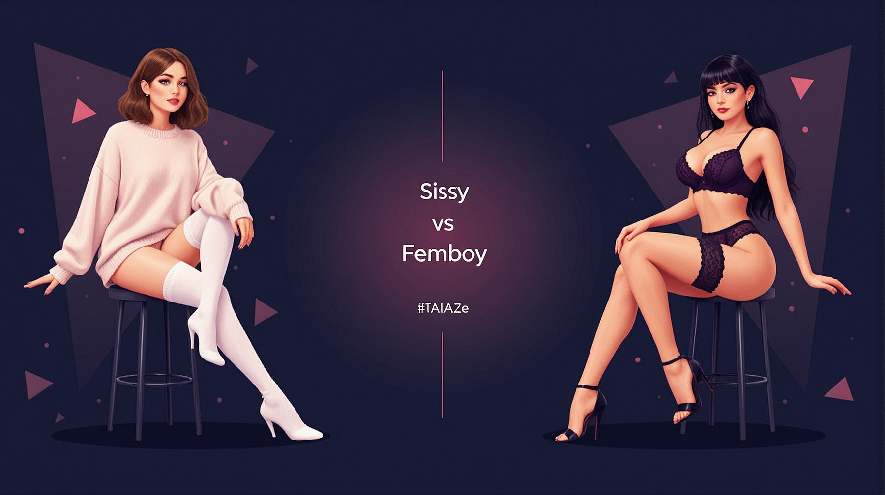 Ilustração comparativa mostrando diferenças entre estilo femboy (delicado, pastel) e estilo sissy (hiperfeminino, dramático). Fundo azul escuro com elementos geométricos em rosa.