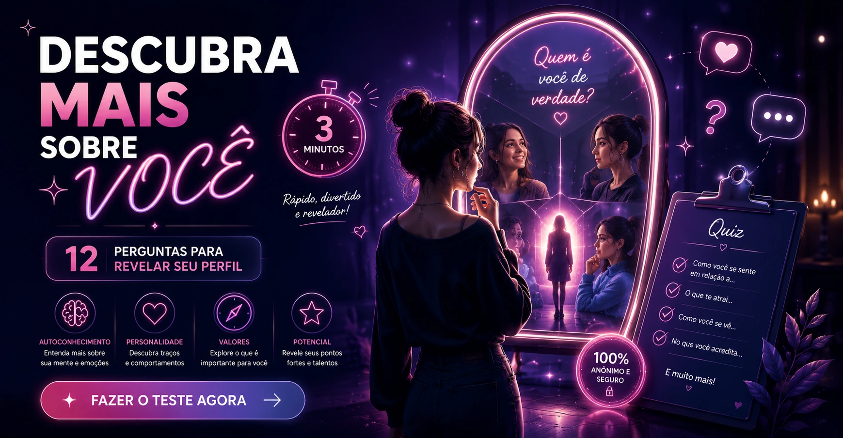 Banner promocional do Quiz de Orientação Sexual. Mulher se olhando no espelho com reflexões diferentes, simbolizando autoconhecimento e descoberta pessoal. Texto: "Descubra mais sobre você - 12 perguntas para revelar seu perfil em 3 minutos. 100% anônimo e seguro.