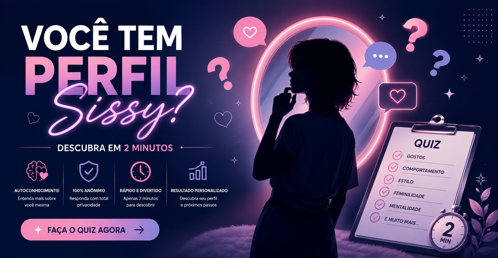 Banner do Quiz "Você tem perfil sissy?" com silhueta de pessoa pensativa, elementos de interrogação e ícones de autoconhecimento. Teste de 2 minutos para descobrir perfil de feminização.
