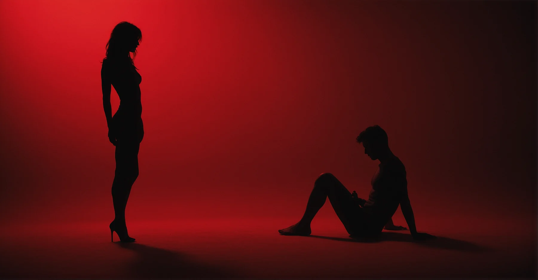 Arte em tons de vermelho e preto mostrando silhueta feminina elegante em pé ao lado de figura masculina sentada em prática de gooning, estilo minimalista sensual