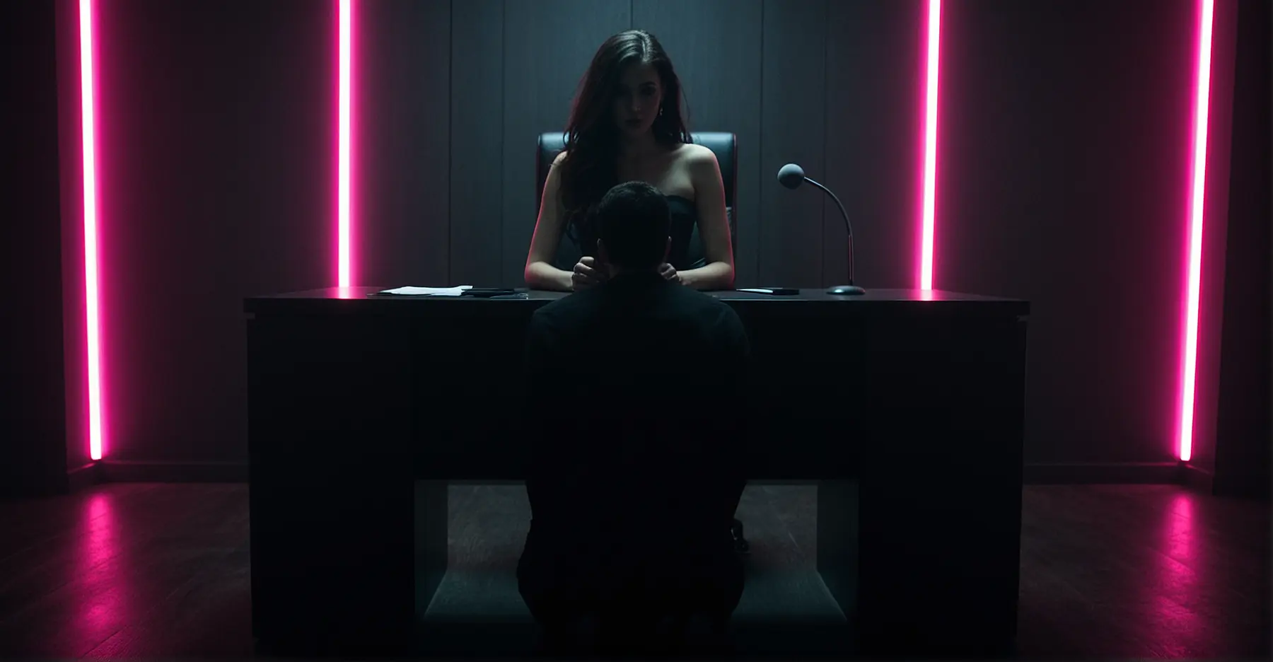 Entrevista temática - figura dominante em corset preto avalia candidato em posição de submissão, iluminação rosa neon e atmosfera de poder